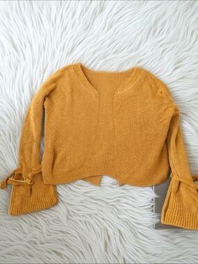 Express Women's Mustard V-Neck Tie-Sleeve Sweater